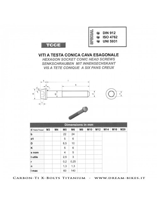 Carbon-Ti X-Bolts Titanium Viti in Titanio a Testa Conica Cava Esagonale TCCE