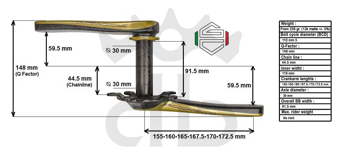 GrigioCarbonio Road T1000 BCD 110 mm Cranks - 5 Arms - 239 gr.
